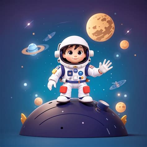 Astronauta Lindo Agitando La Mano En El Planeta Dibujos Animados Icono Vectorial Ilustración