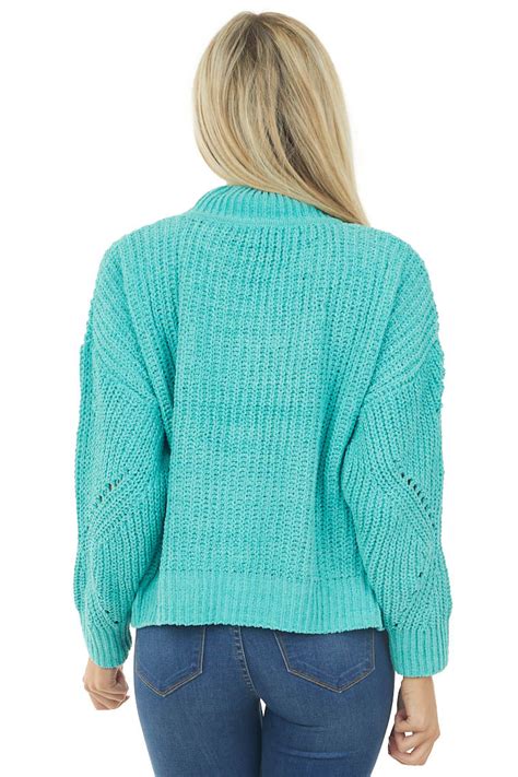 Turquoise Mock Neck Pointelle Chenille Sweater Lime Lush