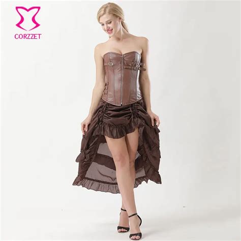 Brown Leather Zipper Corsets And Bustiers Vintage Burlesque Dresses