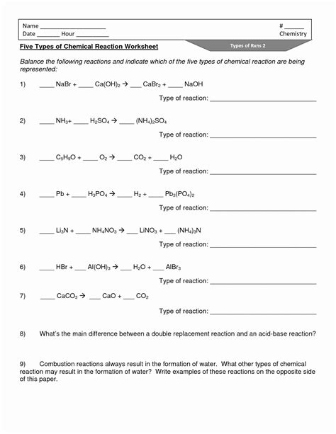 Types Of Chemical Reactions Worksheet Ch7