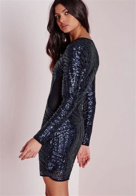 Missguided Long Sleeve Sequin Bodycon Dress Navy In Blue Lyst