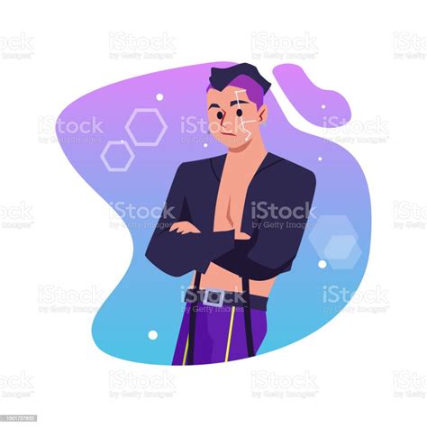 Man In Cyberpunk Style With Face Implants Flat Vector Illustration ...