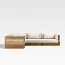 Batten Piece L Shaped Teak Outdoor Sectional Sofa With Oat Cushions