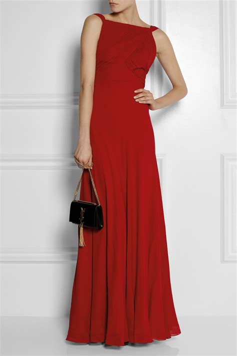 Lyst Saint Laurent Hand Pleated Silk Georgette Gown In Red