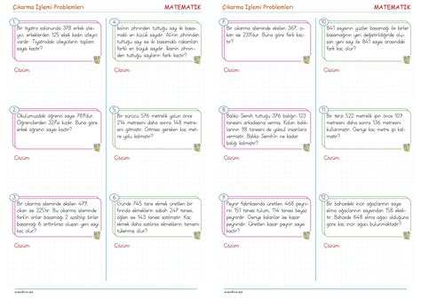 3 Sınıf Matematik Çıkarma İşlemi Problemleri Özgün Sorular