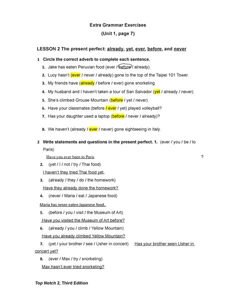 Extra Grammar Exercises Extra Grammar Exercises Unit 1 Page 7