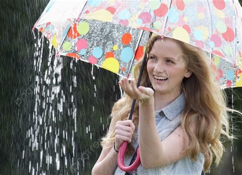 Teenage Girl Sheltering From Rain Beneath Umbrella Background Raindrop