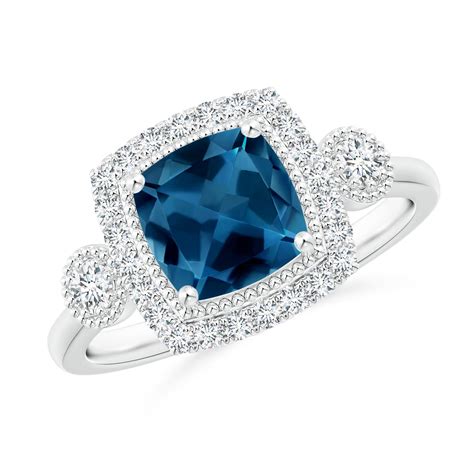 Cushion London Blue Topaz Halo Engagement Ring With Milgrain Angara