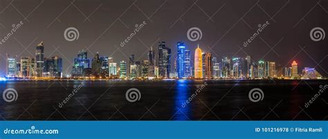 Doha Skyline Night Panorama Stock Photo - Image of downtown, arabian ...