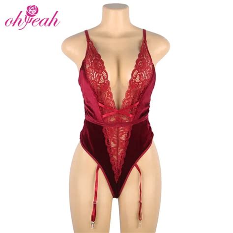 Plus Size Black Deep V Garter Lace Velvet Stitching Teddy Lingerie