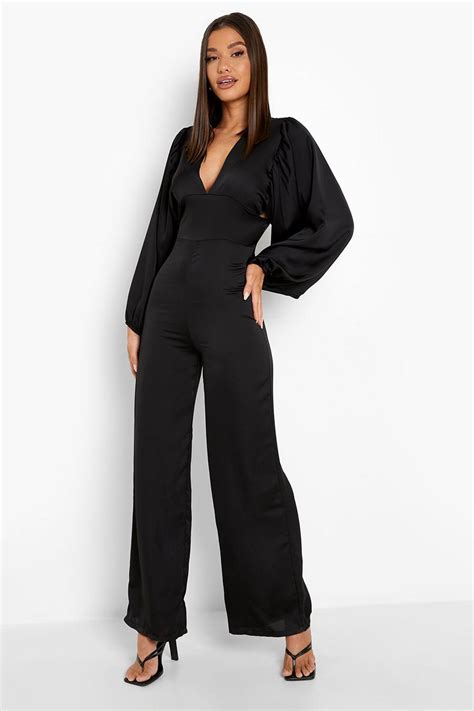 Satin Plunge Batwing Wide Leg Jumpsuit Boohoo