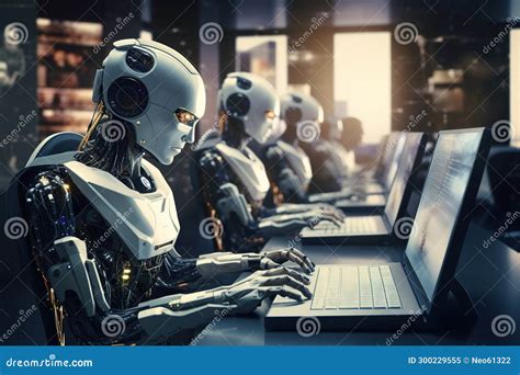 Ai Robots Using Multiple Computers Working Monitoring Data In Office