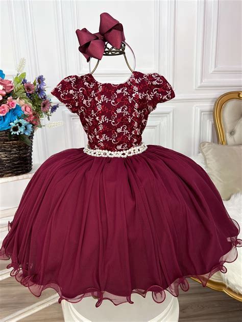 Vestido Infantil Marsala C Renda Cinto Pérolas Strass Damas Rosa