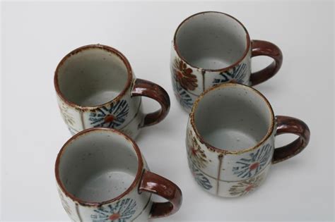 S Vintage Stoneware Pottery Mugs W Starburst Daisy Flowers