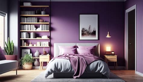 Premium AI Image | Purple bedroom with a purple wall and a bed with purple pillows