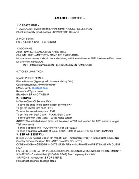 GDS Commands - AMADEUS NOTES:- 1.)CREATE PNR:- 1.)AVAILABILITY:With ...