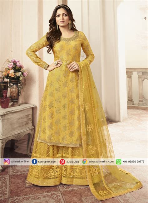 Jacquard Embroidered Yellow Palazzo Salwar Kameez