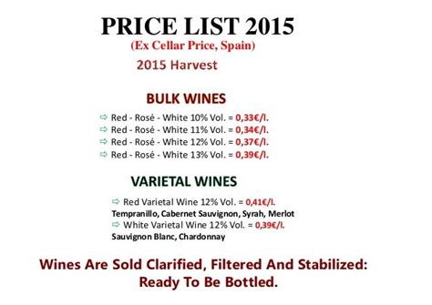 Bulk Wine Price List Harvest 2015 Spain