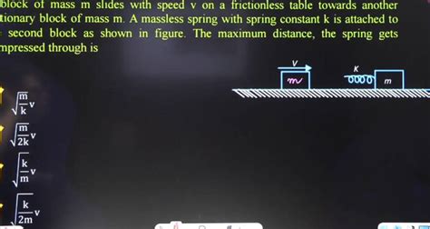 Block Of Mass M Slides With Speed V On A Frictionless Table Towards Anoth