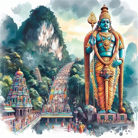 Watercolor Illustration Of Lord Murugan Statue At Batu Caves During