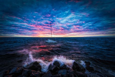 Download Horizon Sky Sunset Wave Sea Ocean Boat Vehicle Sailboat Hd