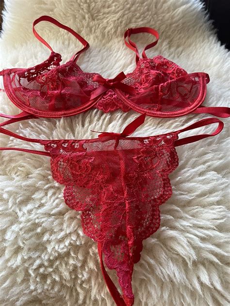 Red Floral Lace Bra And Thong Set Sexy Lingerie Underwired Ebay