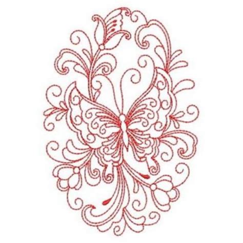 Redwork Heirloom Butterfly Oval Machine Embroidery Design Embroidery