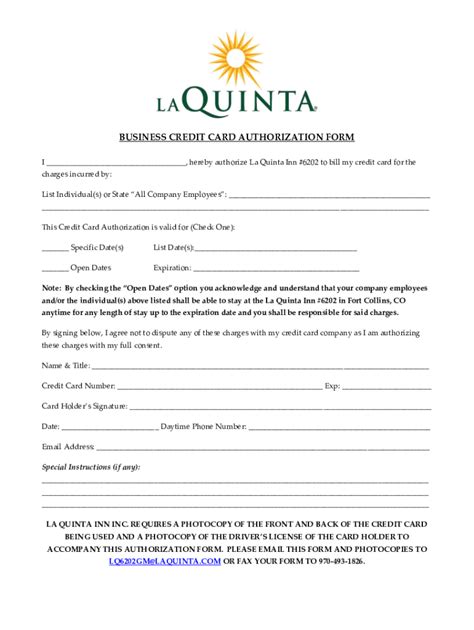 Fillable Online La Quinta Credit Card Authorization Form Fill Out And