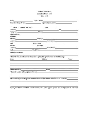 Fillable Online Paulding Gymnastics Camp Enrollment Form 2016 2017 Fax