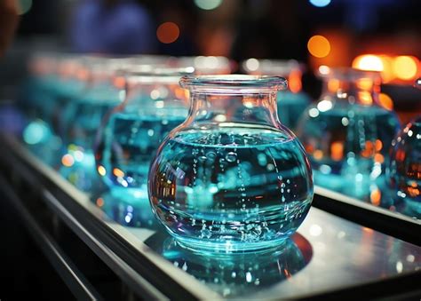 Una Fila De Botellas Azules Con Agua Foto Premium