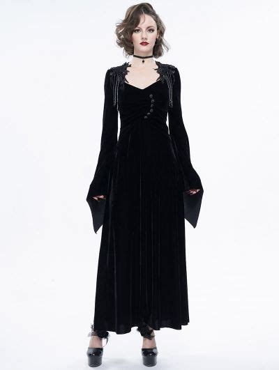 Black Vintage Gothic V Neck Velvet Long Sleeve Party Dress Gothicdress