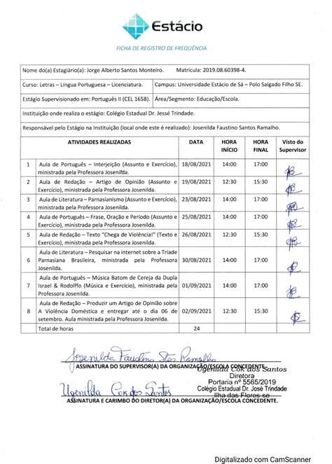 FICHA DE REGISTRO DE FREQUÊNCIA Estágio Supervisionado de Língua