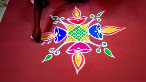 Simple Deepam Rangoli Design 7 1 Dots With Color Deepam Muggulu Easy