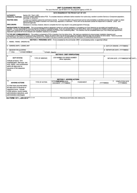 Fillable Da Form 137 1 Unit Clearance Record Printable Pdf Download