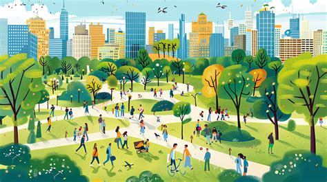 illustration   busy city park  people walking biking