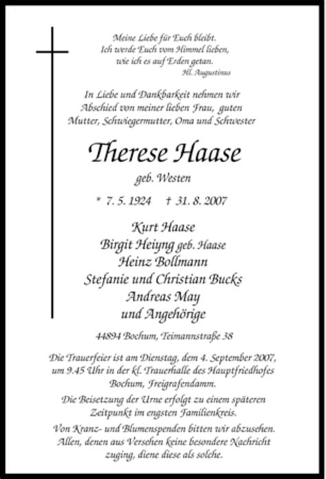 Traueranzeigen Von Therese Haase Trauer In NRW De