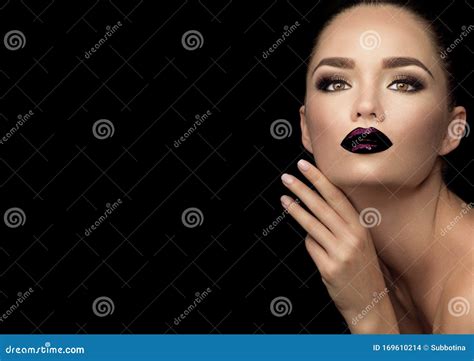 Beauty Glamour Fashion Brunette Model Girl With Black Lips Portrait Gorgeous Woman With Perfect