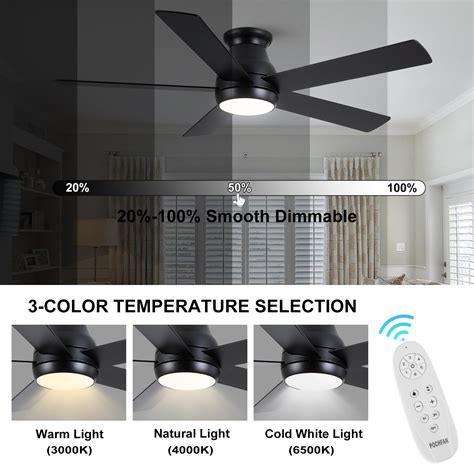 POCHFAN 52 Inch Low Profile Ceiling Fans With Lights And Remote LED