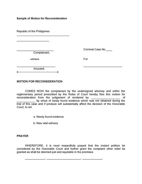 Sample Of Motion For Reconsideration Sample Of Motion For