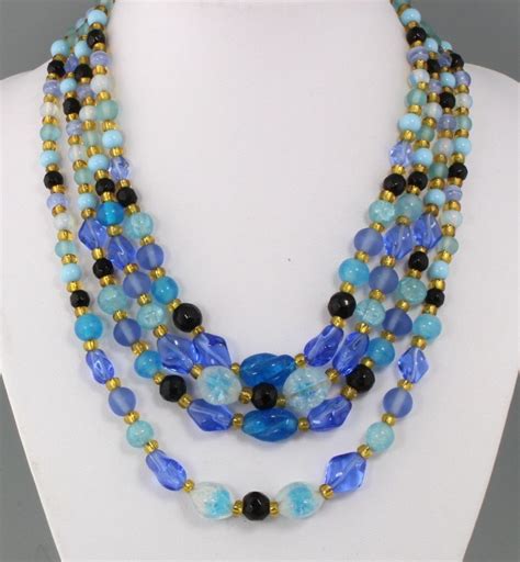 Vintage 50s Multi 4 Strand Blue Art Glass And Crystal Glass Bead