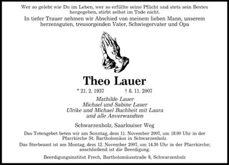 Traueranzeigen Von Theo Lauer Saarbruecker Zeitung Trauer De