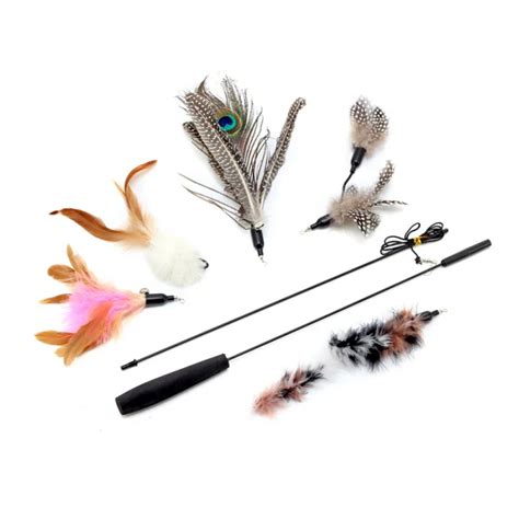 Cat Teaser Wand Natural Feather Dangler Cat Toy On A Wand With 5 Furry