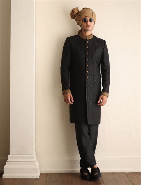 Classic Jet Black Embroidered Pakistani Groom sherwani – Nameera by Farooq