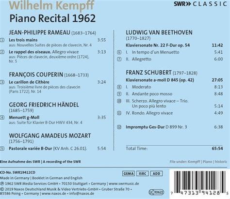 Wilhelm Kempff Piano Recital Cd Wilhelm Kempff Muziek Bol