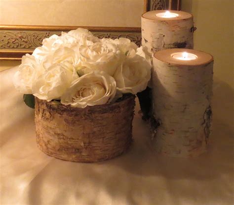 Birch Bark Vase And 2 Large Birch Bark Candle Holders Rustic Wedding