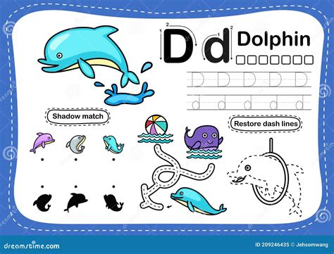 Alphabet Letter D Dolphin Exercise With Cartoon Vocabulary Stock Vector