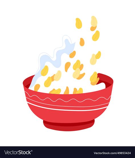 Cartoon cereal spilling from red bowl with milk Vector Image