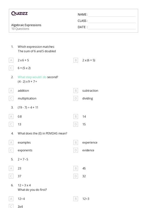 Algebraic Expressions Worksheets For 5th Grade