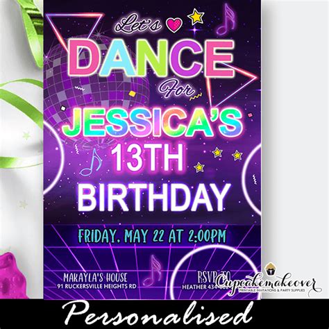 Disco Rainbow Neon Glow Dance Party Invitations - Cupcakemakeover