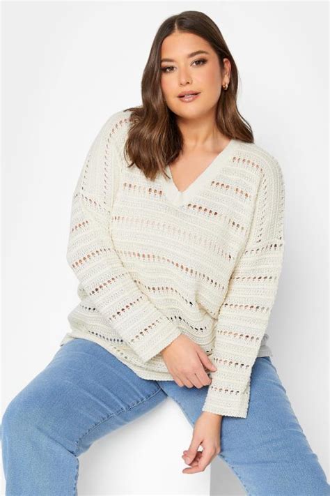 Yours Curve Plus Size Cream Crochet V Neck Jumper Yours Clothing